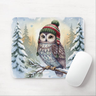 Tapis De Souris Chouette aquarelle au chapeau d'hiver