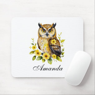 Tapis De Souris Chouette aquarelle aux fleurs jaunes