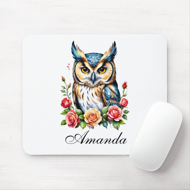 Tapis De Souris Chouette aquarelle avec Fleurs Fille (Avec souris)
