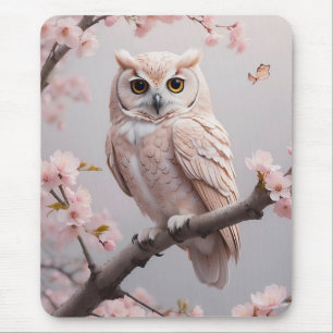 Tapis De Souris Chouette aux fleurs de cerises roses
