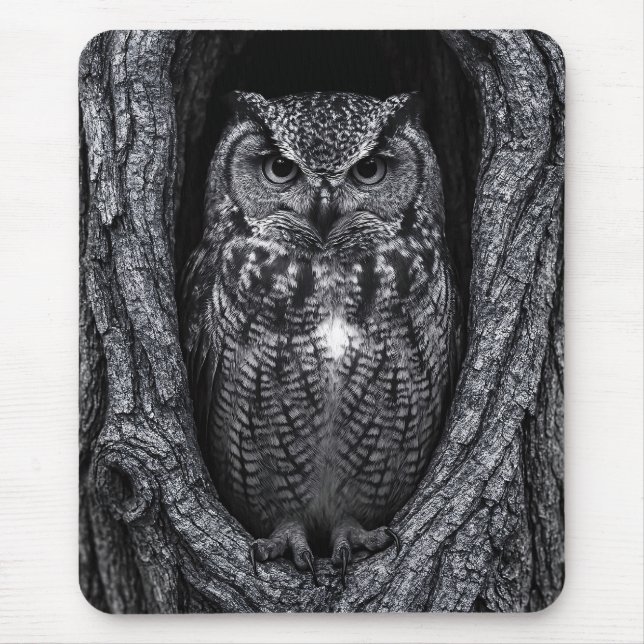 Tapis De Souris Chouette dans un arbre noir et blanc (Devant)