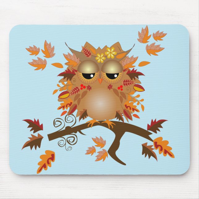 Tapis De Souris Chouette d'automne mignonne sur une branche (Devant)