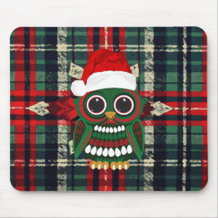 Tapis De Souris Chouette de Noël mignonne carreaux rouges et verts