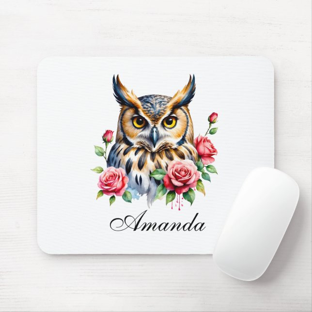 Tapis De Souris Chouette florale à aquarelle (Avec souris)