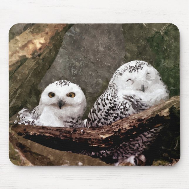 Tapis De Souris Chouette Harfang Couple Art Bois Faune (Devant)