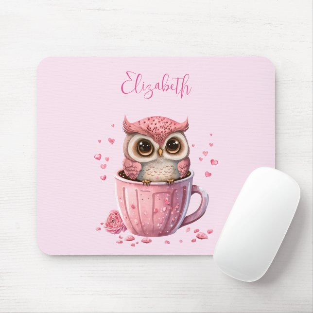 Tapis De Souris Chouette rose mignonne en coupe (Avec souris)