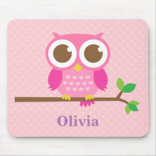 Tapis De Souris Chouette rose mignonne sur une branche pour les fi