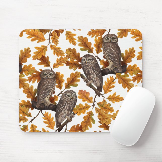 Tapis De Souris Chouettes d'automne sur coton blanc (Avec souris)