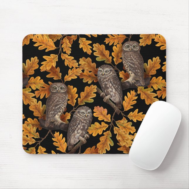 Tapis De Souris Chouettes d'automne sur noir (Avec souris)
