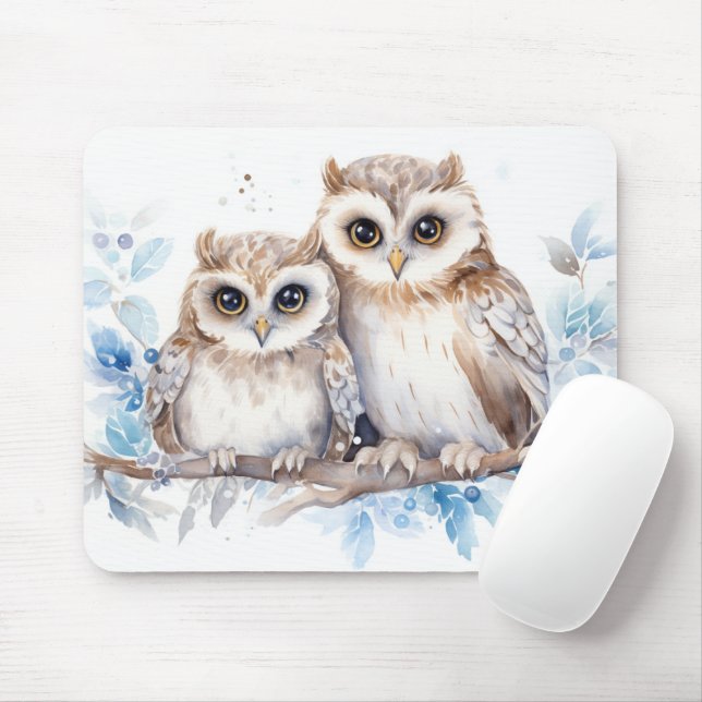 Tapis De Souris Chouettes D'Hiver Aquarelle Sur Branche (Avec souris)