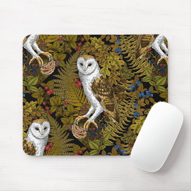 Tapis De Souris Chouettes, fougères, chênes et baies 2 (Avec souris)
