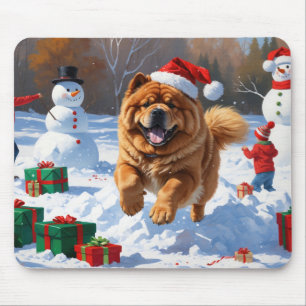 Tapis De Souris Chow Chow courant dans la neige avec un chapeau de