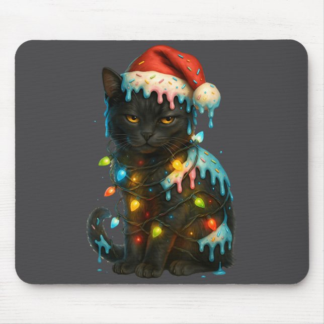 Tapis De Souris Christmas Black Cat Ice Cream Drip Santa Hat Cute  (Devant)