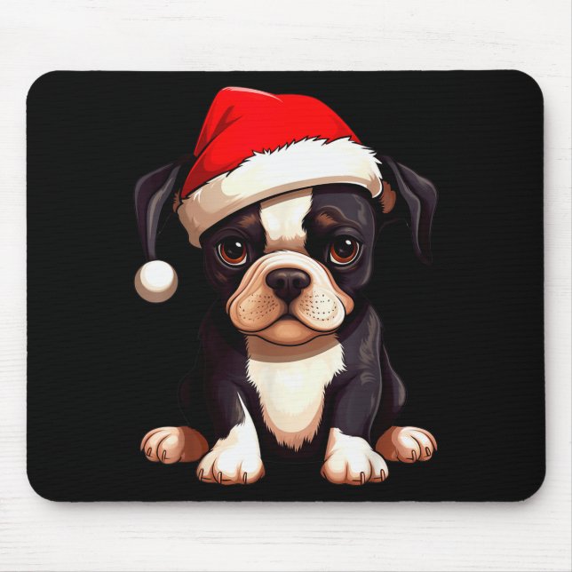 Tapis De Souris Christmas Boston Terrier Dog Santa Hat Funny Xmas  (Devant)