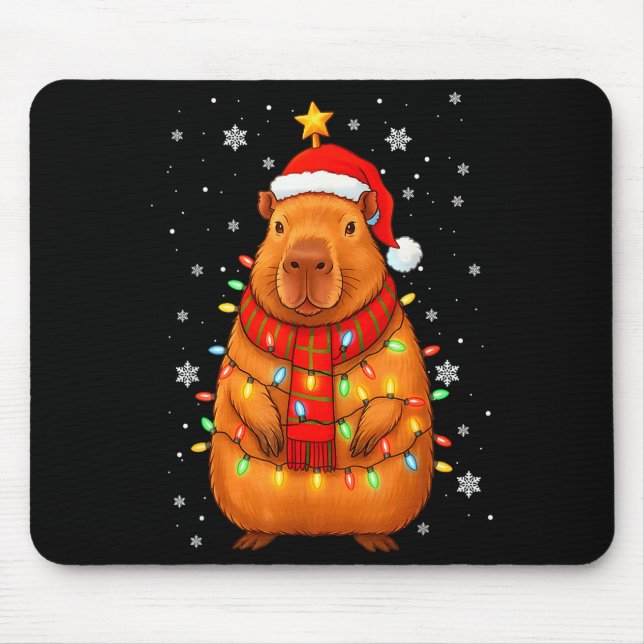 Tapis De Souris Christmas Capybara With Santa Hat Xmas Lights Tree (Devant)