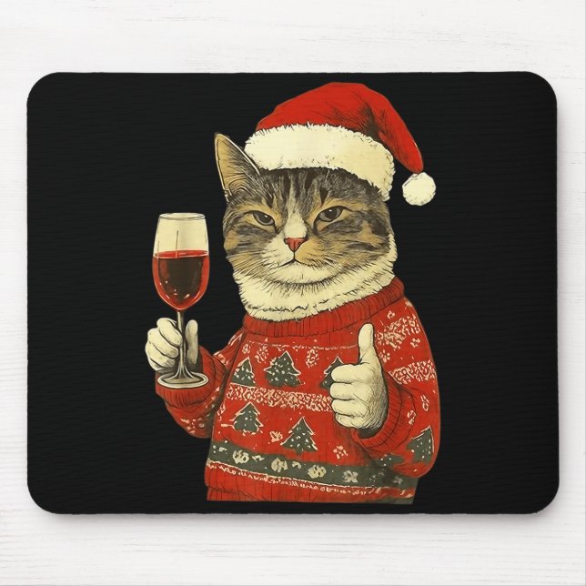 Tapis De Souris Christmas Cat Likes Cute Cat Drinking Wine With Sa (Devant)