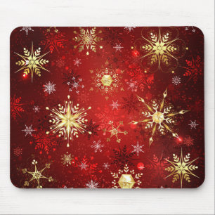Tapis De Souris Christmas Golden Snowflakes on Red Background