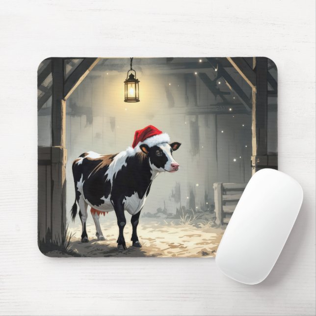 Tapis De Souris Christmas Hereford Cow In Barn Doorway (Avec souris)