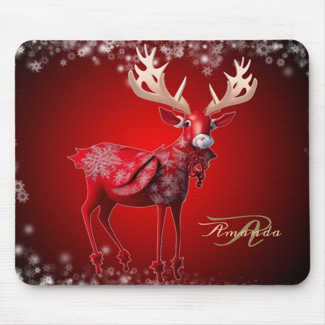 Tapis De Souris Christmas Monogram Red Reindeer Winter Holidays (Devant)