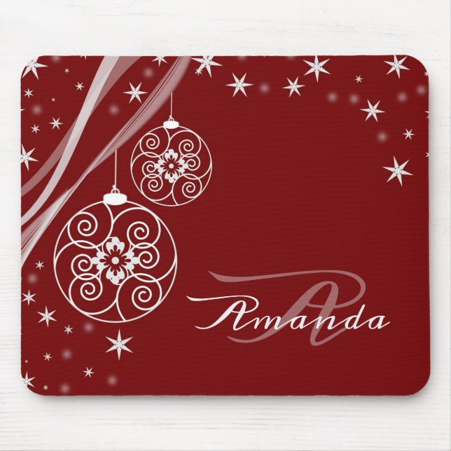 Tapis De Souris Christmas Monogram White Ornaments Red Elegant (Devant)