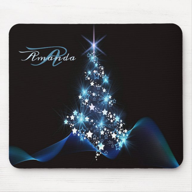 Tapis De Souris Christmas Party Blue Tree Shiny Black Elegant (Devant)