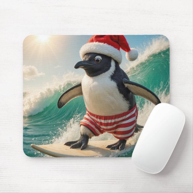 Tapis De Souris Christmas Penguin Surfing On an Ocean Wave (Avec souris)