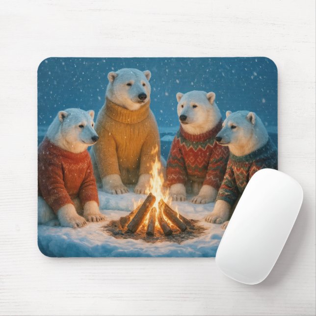 Tapis De Souris Christmas Polar Bears Around a Bonfire (Avec souris)