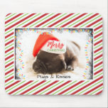 Tapis De Souris Christmas Pug in Santa Hat with Christmas Lights<br><div class="desc">A mouse pad for the festive season! Illustrated with an adorable photo of a pug puppy sleeping while wearing a santa hat. Merry Christmas is written on the band of his hat, in a trendy handwritten font. A grunge border with colorful Christmas lights surround the frame of this cute photo....</div>