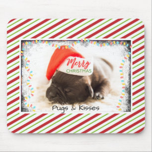 Tapis De Souris Christmas Pug in Santa Hat with Christmas Lights