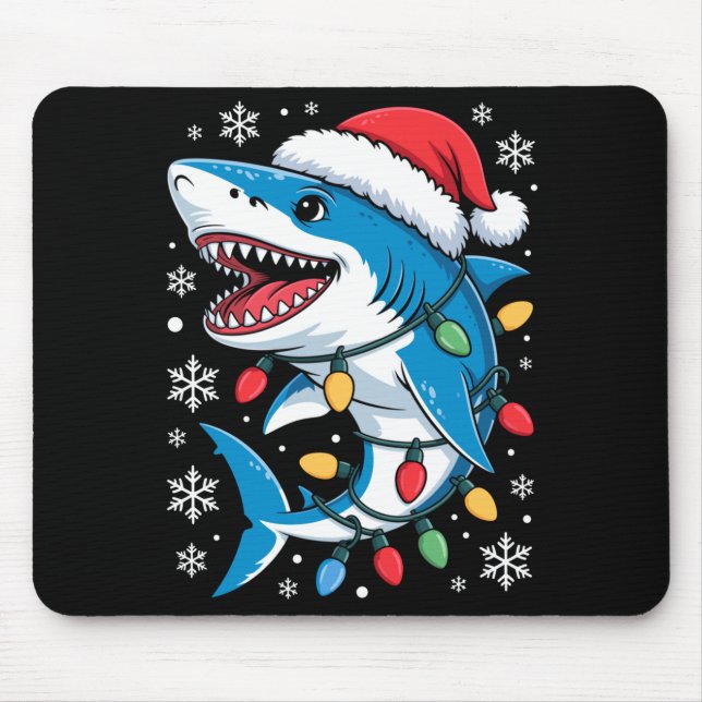 Tapis De Souris Christmas Shark Santa Hat Wrapped Lights Holiday S (Devant)