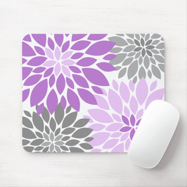 Tapis De Souris Chrysanthèmes mauves et gris Motif floral (Avec souris)
