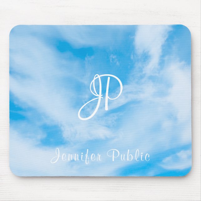 Tapis De Souris Ciel bleu nuages blancs Calligraphie Texte Monogra (Devant)