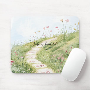 Tapis De Souris Cieux Bleus Chemin Herbeux Fleurs Roses