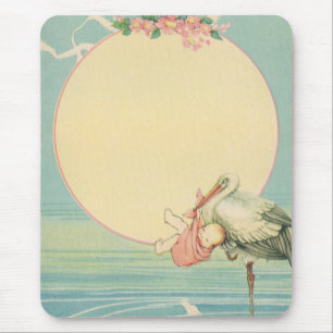 Tapis De Souris Cigogne vintage avec bébé fille dans une couvertur