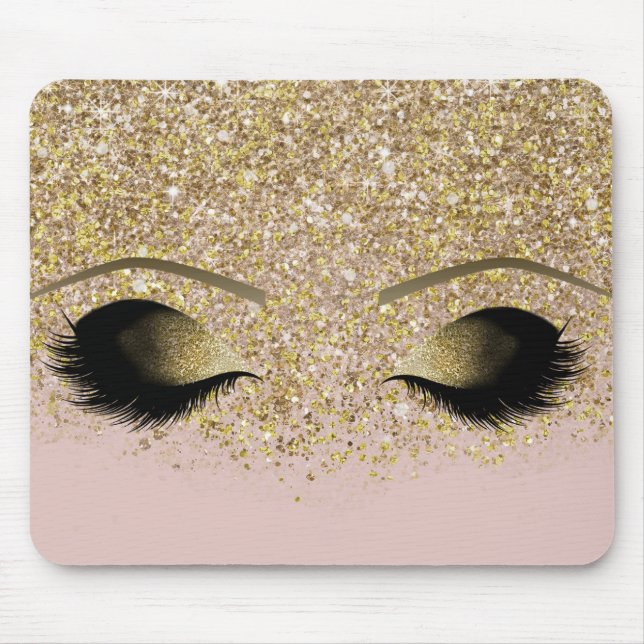 Tapis De Souris Cils de Maquillage Moderne Pailletés Rose et Or (Devant)
