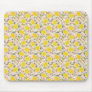 Tapis De Souris Citrons jaunes modernes avec fleurs roses