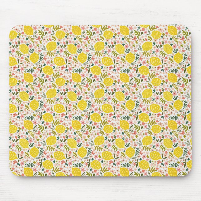 Tapis De Souris Citrons jaunes modernes avec fleurs roses (Devant)