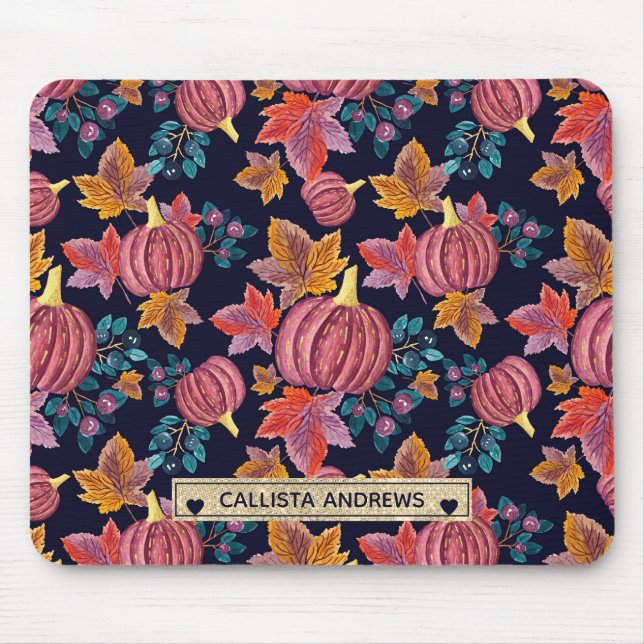 Tapis De Souris Citrouille de la marine d'automne Feuilles aquarel (Devant)