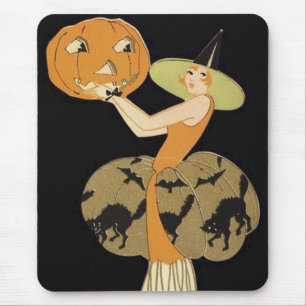 Tapis De Souris Citrouille de sorcière Art Déco Jack O Lantern Cha