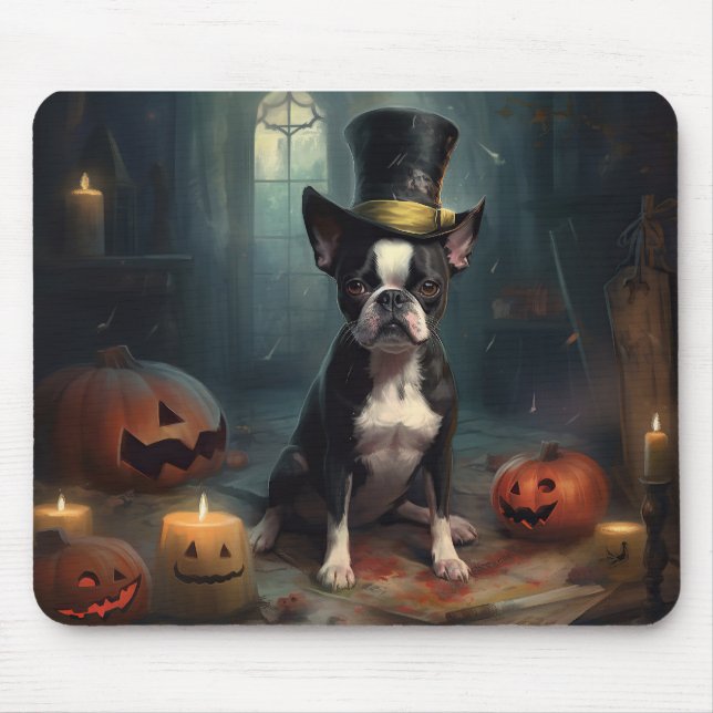 Tapis De Souris Citrouilles Épouvantables Boston Terrier Halloween (Devant)