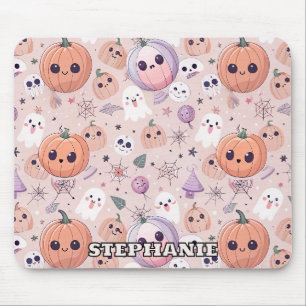 Tapis De Souris Citrouilles et fantômes d'Halloween sur rose sans 
