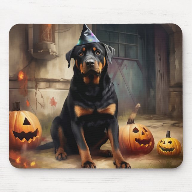 Tapis De Souris Citrouilles Rottweiler Halloween Épouvantable (Devant)