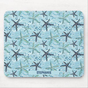 Tapis De Souris Clair bleu et or Starfish sur Ocean Wave Motif
