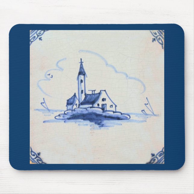 Tapis De Souris Classic Antiquaire Delft Bleu Carrelage - Église (Devant)