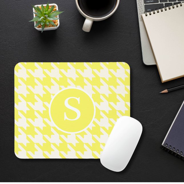 Tapis De Souris Classic Houndstooth Lemon Jaune & Blanc Monogramme (Créateur téléchargé)