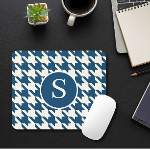 Tapis De Souris Classic Houndstooth Motif Bleu & Blanc Monogramme