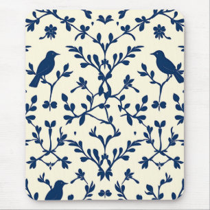 Tapis De Souris Classique bleu marine Oiseau Damassé Toile Silhoue