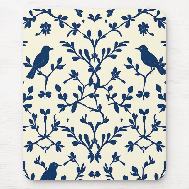 Tapis De Souris Classique bleu marine Oiseau Damassé Toile Silhoue (Devant)