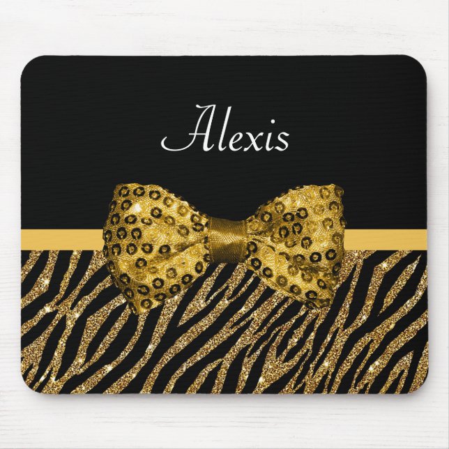 Tapis De Souris Classy Gold Zebra Print FAUX Glitz Bow avec nom (Devant)