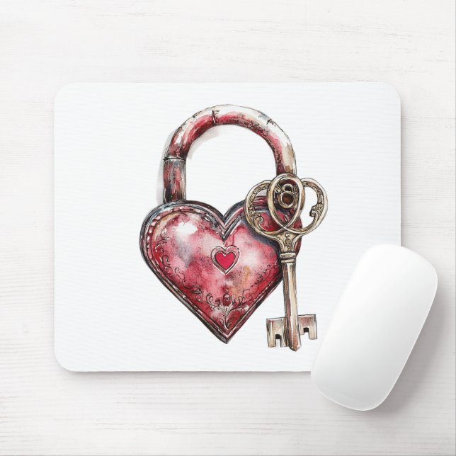 Tapis De Souris Clé et verrou du coeur rouge (Avec souris)